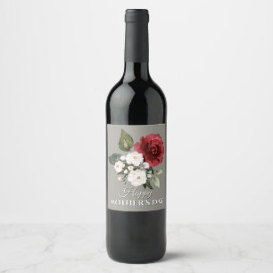 Etiqueta Para Botella De Vino Día de la Madre con un Bouquet de Flores Rojas y B
