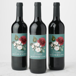 Etiqueta Para Botella De Vino Día de la Madre con un Bouquet de Flores Rojas y B