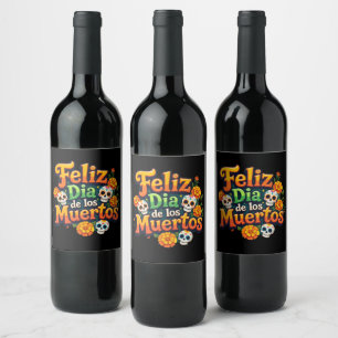 Etiqueta Para Botella De Vino Día de Muertos Caramelos Coloridos Calaveras Marig