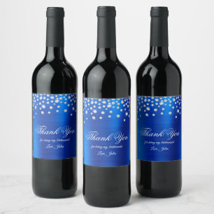 Etiqueta Para Botella De Vino Diamante Brillante de Seda Azul Real de Lámina Gra