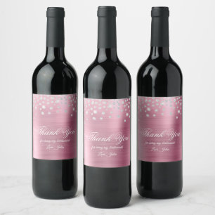 Etiqueta Para Botella De Vino Diamante Brillante Rosa Satén Holográfico Gracias
