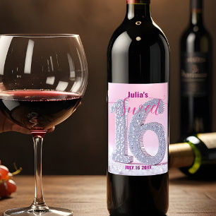 Etiqueta Para Botella De Vino Diamante rosa esparcido número dulce 16