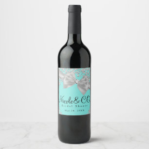 Etiqueta Para Botella De Vino Diamantes de Lazo Grande Azul Blanco Vino Glamour