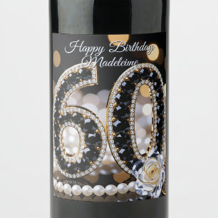 Etiqueta Para Botella De Vino Diamantes Perlas Rosa Blanca Oro Negro Cumpleaños 