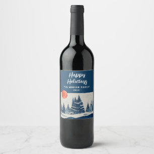 Etiqueta Para Botella De Vino Dibujo de paisaje invernal bosque luna azul marino
