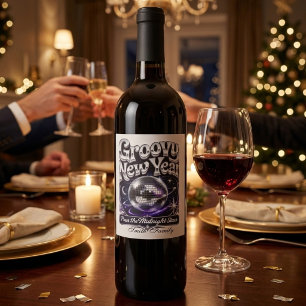 Etiqueta Para Botella De Vino Disco de Año Nuevo Groovy con Nombre de Familia Pe