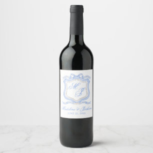 Etiqueta Para Botella De Vino Diseñador de color de agua Escudo de monograma azu