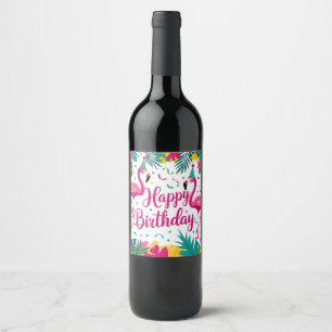 Etiqueta Para Botella De Vino Diseño de cumpleaños de Fun Flamingo Tropical