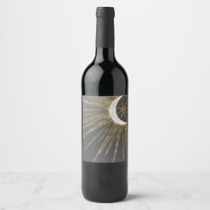 Etiqueta Para Botella De Vino Diseño de Mandala de Sol Luna con Doodles de Oro E