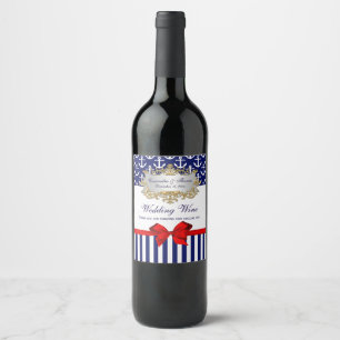 Etiqueta Para Botella De Vino DIY BG Azul Marino Blanco Raya Ancla Lazo Rojo Fie