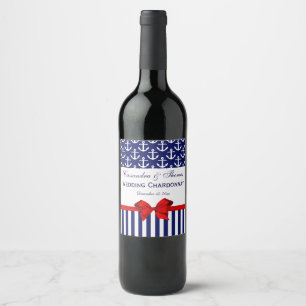 Etiqueta Para Botella De Vino DIY BG Navy Blanco Ancla Raya #2 Rojo Lazo Fiesta