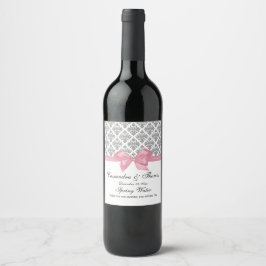 Etiqueta Para Botella De Vino DIY BG Vintage Plateado Blanco Damask Rosa Lazo