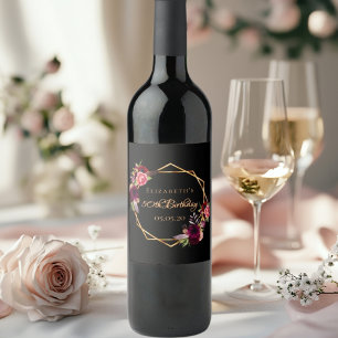 Etiqueta Para Botella De Vino Dorado burdeos negro de cumpleaños floral