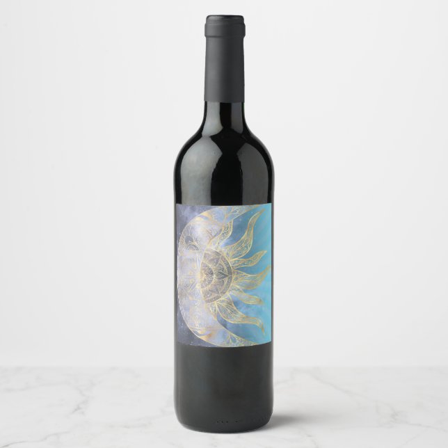Etiqueta Para Botella De Vino Dorado Moon Sun Mandala Diseño Celeste (Anverso)