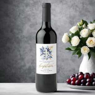 Etiqueta Para Botella De Vino Dorado y azul acuarela Floral Boy Baptismo