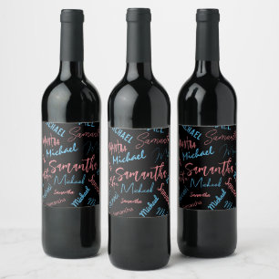 Etiqueta Para Botella De Vino Dos nombres parejas patrón monograma azul claro ro