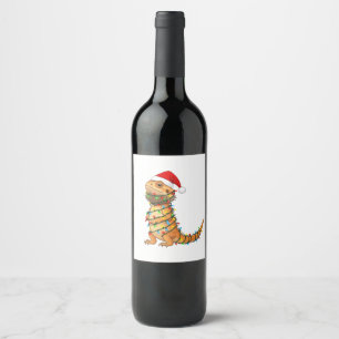 Etiqueta Para Botella De Vino Dragón Barbudo de Navidad Pogona Vitticeps Santa