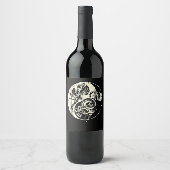 Etiqueta Para Botella De Vino Dragón Con Tatuaje De Tigre, YIN Y Yang Bebe Fiest (Anverso)