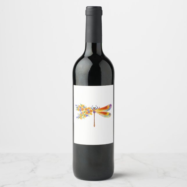 Etiqueta Para Botella De Vino Dragón de flores amarillas (Anverso)