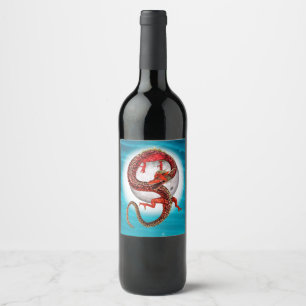 Etiqueta Para Botella De Vino Dragón de Luna Roja Arte de Fantasía Celestial