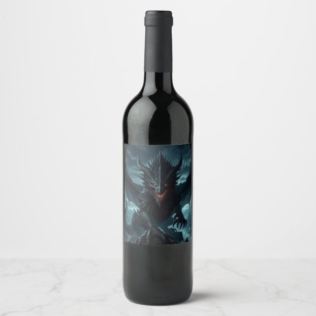 Etiqueta Para Botella De Vino Dragón medieval oscuro (Anverso)
