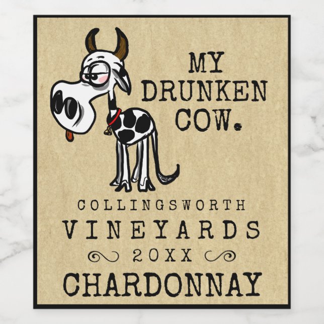 Etiqueta Para Botella De Vino Drunken Cow Funny Homade (Etiqueta única)