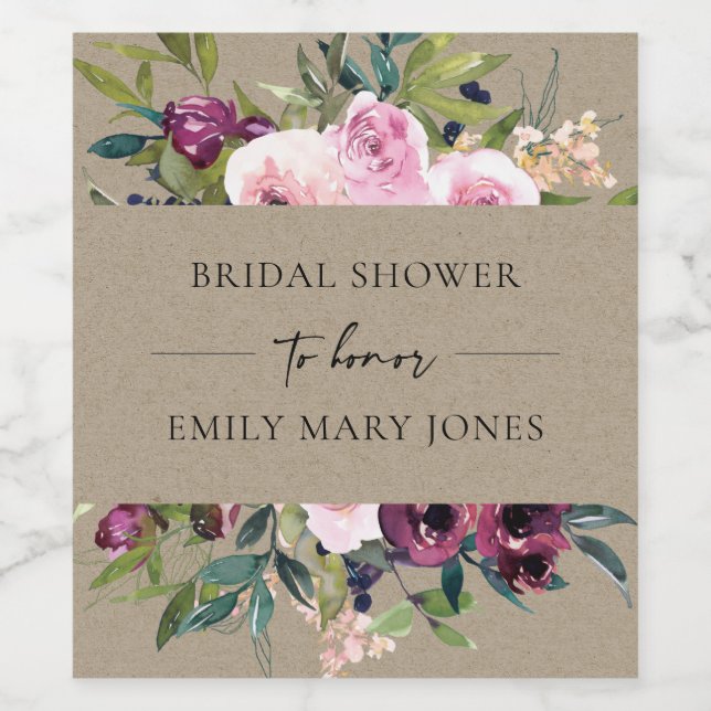 ETIQUETA PARA BOTELLA DE VINO DUCHA BRIDAL DE BURGUNDY FLORAL BUNCH DE RUBOR DE  (Etiqueta única)