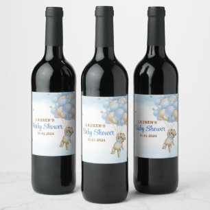 Etiqueta Para Botella De Vino Ducha de bebé con globos azules y osito de peluche