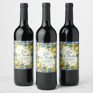 Etiqueta Para Botella De Vino Ducha de bebé Limones Amarillos Baldosa Azul Limón