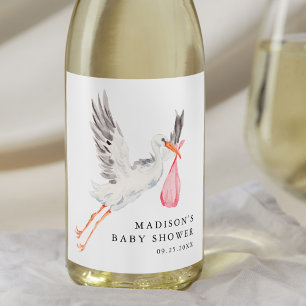 Etiqueta Para Botella De Vino Ducha de Bebé Niña Cigüeña Acuarela Rosa