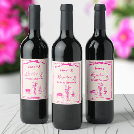 Etiqueta Para Botella De Vino Ducha de novia con cinta retro rosa y garabato dib