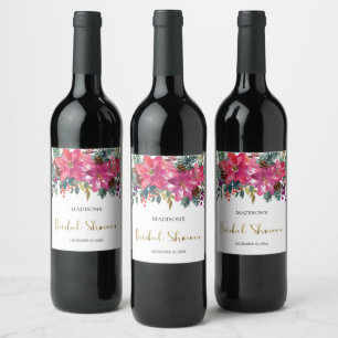 Etiqueta Para Botella De Vino Ducha de Novia de Navidad con Flor de Pascua Rosa