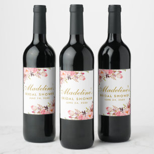 Etiqueta Para Botella De Vino Ducha de novia dorada floral rosa de Rubor