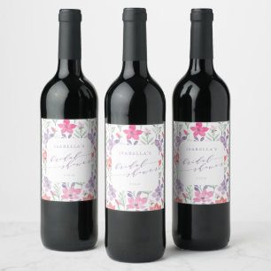 Etiqueta Para Botella De Vino Ducha de Novia Floral Acuarela Rosa Purpura Person