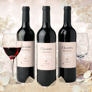 Etiqueta Para Botella De Vino Ducha Minimalista de Niña Bebé en Durazno Claro
