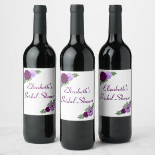 Etiqueta Para Botella De Vino Ducha morada de novias con flores de peón morado