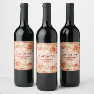 Etiqueta Para Botella De Vino Ducha Nupcial Floral Naranja Acuarela
