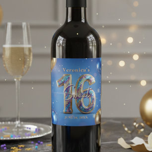 Etiqueta Para Botella De Vino Dulces 16 Cumpleaños Azul Dorado Glamuroso Brillan
