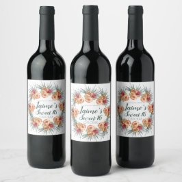 Etiqueta Para Botella De Vino Dulces Dieciséis Acuarela Floral Melocotón Verde