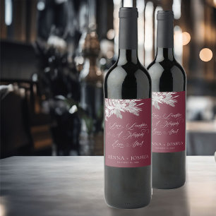 Etiqueta Para Botella De Vino Dúo de Follaje Burgundy Gris Toast de Boda Botánic