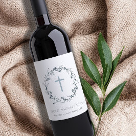 Etiqueta Para Botella De Vino Dusky Blue Floral Laurel Wreath Monograma Baptismo