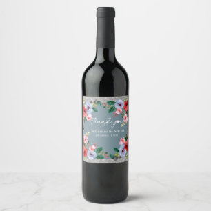 Etiqueta Para Botella De Vino Duste Blue Silver Purpurina Floral acuarela