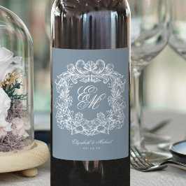 Etiqueta Para Botella De Vino Dusty Blue Elegant Monogram Crest Vintage Wedding