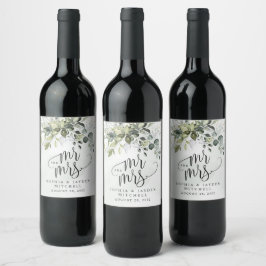 Etiqueta Para Botella De Vino Dusty Blue Eucalyptus Greenery Sr. y Sra. Boda