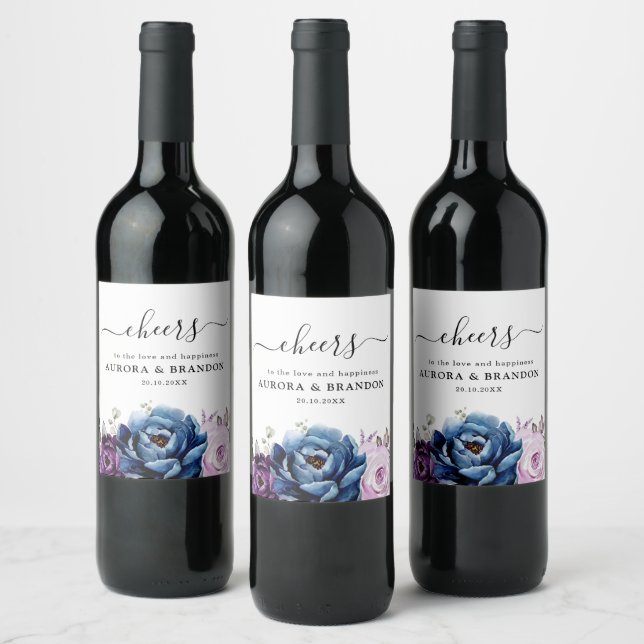 Etiqueta Para Botella De Vino Dusty Blue Purple Navy Lilac Blooms Boda (Botellas)