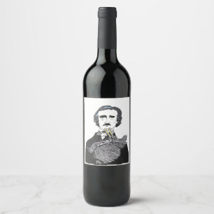 Etiqueta Para Botella De Vino Edgar Allan Poe con un ravén en su mentón