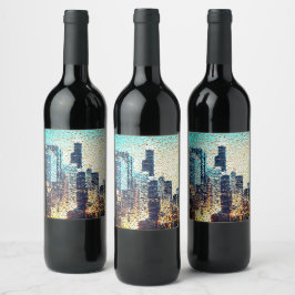 Etiqueta Para Botella De Vino Edificios de la ciudad azul en estilo mosaico con 