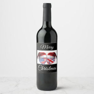 Etiqueta Para Botella De Vino EE.UU. Corazones británicos con Gorras de Santa Cl