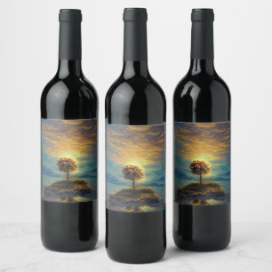 Etiqueta Para Botella De Vino El asombroso árbol dorado del atardecer