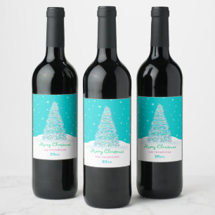 Etiqueta Para Botella De Vino El dulce Verde azulado Aqua Merry Christmas Tree
